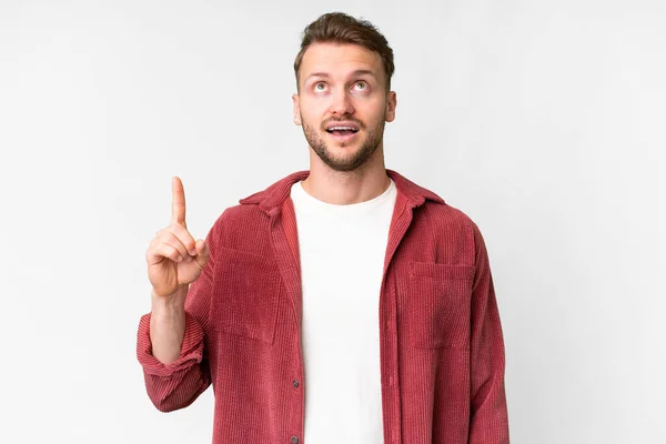 Young Handsome Caucasian Man Isolated White Background Pointing Surprised — 스톡 사진