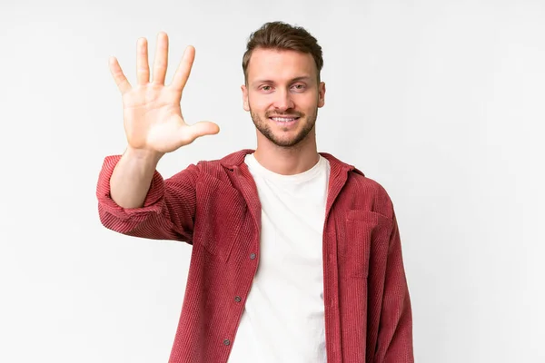 Young Handsome Caucasian Man Isolated White Background Counting Five Fingers — 스톡 사진