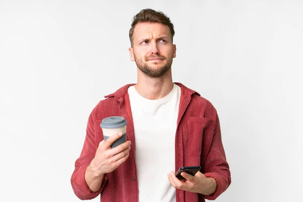 Young Handsome Caucasian Man Isolated White Background Holding Coffee Take —  Fotos de Stock