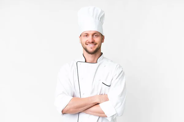 Jonge Kaukasische Chef Kok Geïsoleerde Witte Achtergrond Houdt Armen Gekruist — Stockfoto