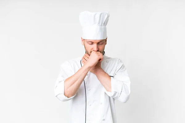 Jovem Chef Caucasiano Sobre Fundo Branco Isolado Está Sofrendo Com — Fotografia de Stock