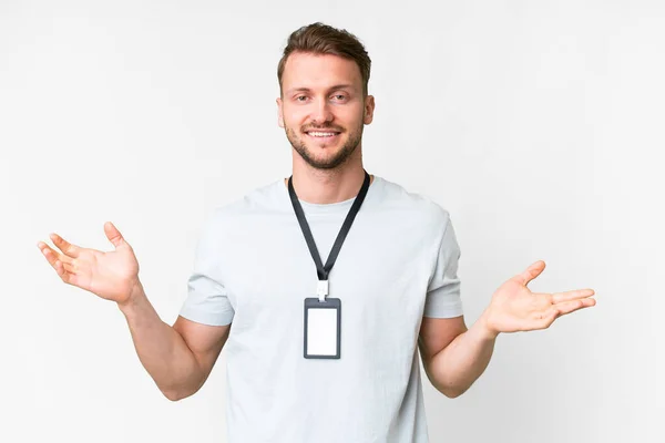 Young Caucasian Man Card Isolated White Background Shocked Facial Expression — Stock Photo, Image