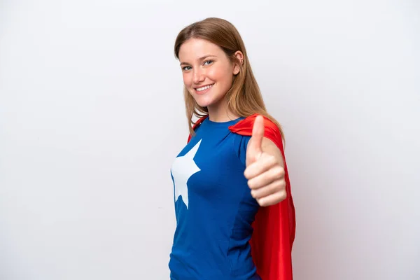 Young Caucasian Woman Isolated White Background Superhero Costume Thumb — Stock Photo, Image