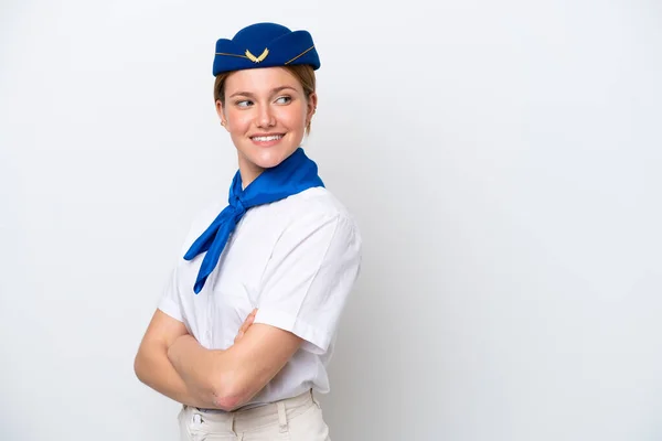 Airplane Stewardess Woman Isolated White Background Arms Crossed Happy — Photo