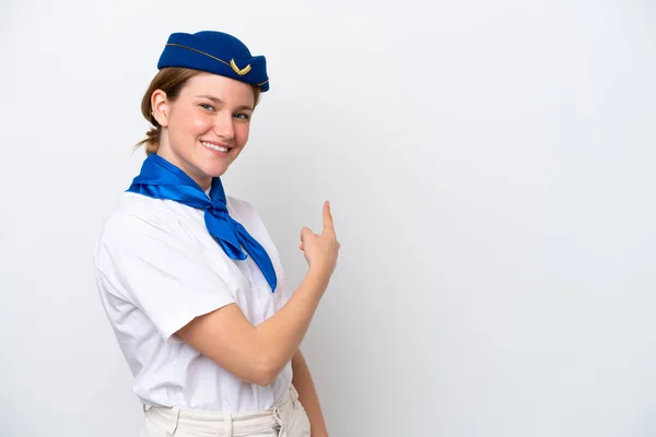 Airplane Stewardess Woman Isolated White Background Pointing Back — Photo