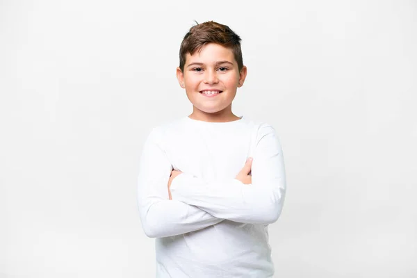 Little Caucasian Kid Isolated White Background Keeping Arms Crossed Frontal — Stock Photo, Image