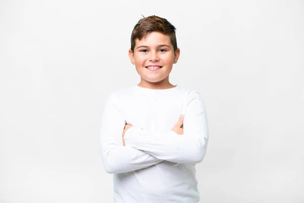 Pequeño Niño Caucásico Sobre Fondo Blanco Aislado Manteniendo Los Brazos — Foto de Stock