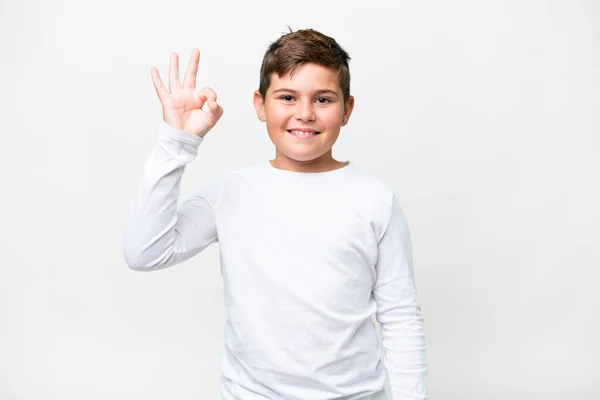 Malý Běloch Dítě Přes Izolované Bílé Pozadí Ukazující Znamení Prsty — Stock fotografie