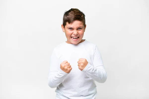 Petit Enfant Caucasien Sur Fond Blanc Isolé Frustré Par Une — Photo