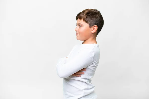 Petit Enfant Caucasien Sur Fond Blanc Isolé Position Latérale — Photo