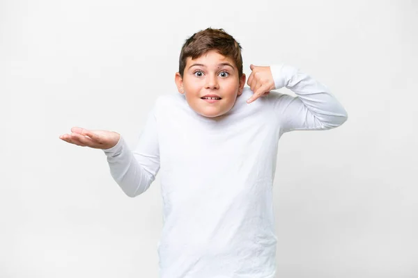Little Caucasian Kid Isolated White Background Making Phone Gesture Doubting — Stock Photo, Image