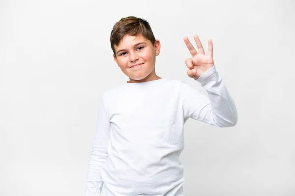 Zole Edilmiş Beyaz Arka Planda Küçük Beyaz Çocuk Mutlu Parmaklarıyla — Stok fotoğraf