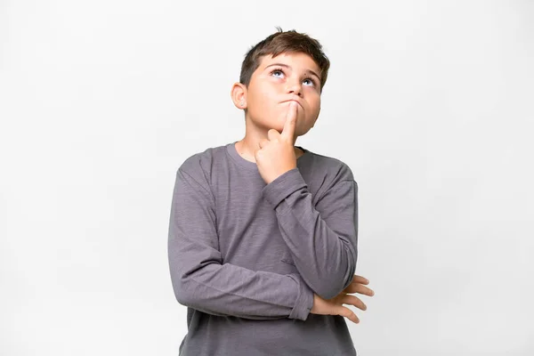 Little Caucasian Kid Isolated White Background Having Doubts While Looking — Stock Photo, Image