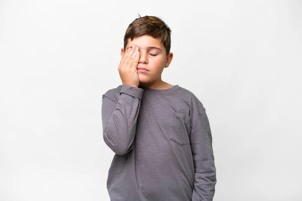 Little Caucasian Kid Isolated White Background Headache — Stock Photo, Image