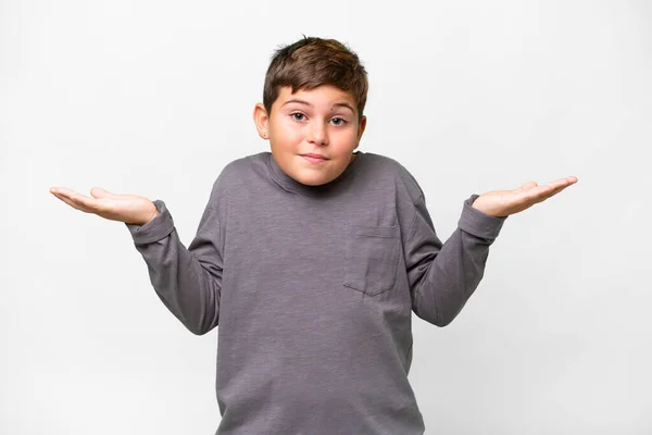 Little Caucasian Kid Isolated White Background Making Doubts Gesture — Stock Photo, Image