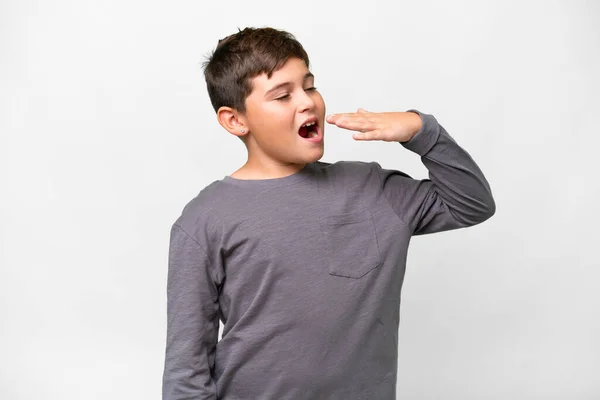 Little Caucasian Kid Isolated White Background Yawning Covering Wide Open — Stock Photo, Image