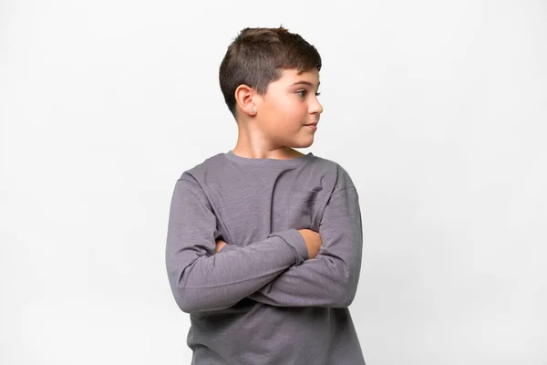 Little Caucasian Kid Isolated White Background Keeping Arms Crossed — Stock Photo, Image