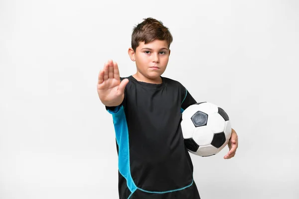 Klein Kaukasisch Football Speler Kind Geïsoleerde Witte Achtergrond Maken Stop — Stockfoto