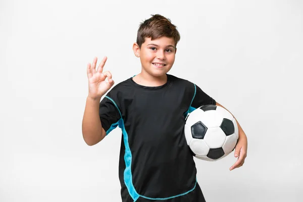Malý Kavkazský Fotbalista Dítě Přes Izolované Bílé Pozadí Ukazující Znamení — Stock fotografie