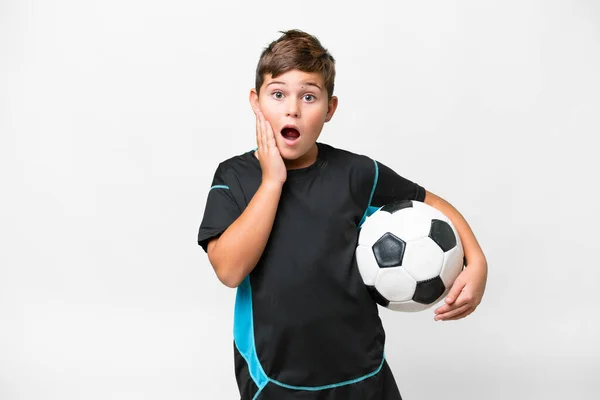 Little Kaukasische Football Speler Kind Geïsoleerde Witte Achtergrond Met Verrassing — Stockfoto