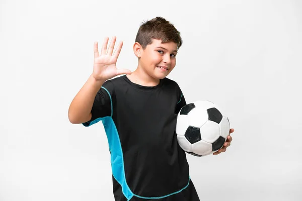 Klein Kaukasisch Football Speler Kind Geïsoleerde Witte Achtergrond Tellen Vijf — Stockfoto