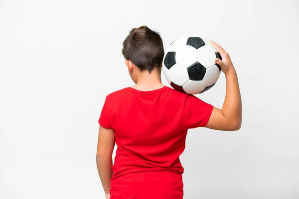 Klein Blank Kind Geïsoleerde Witte Achtergrond Met Voetbal — Stockfoto