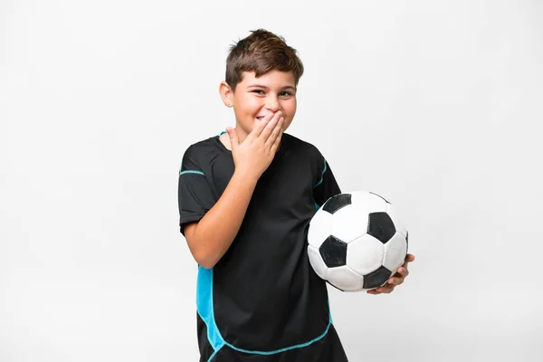 Klein Kaukasisch Voetbal Speler Kind Geïsoleerde Witte Achtergrond Gelukkig Lachende — Stockfoto