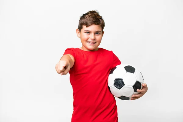 Petit Enfant Caucasien Sur Fond Blanc Isolé Avec Ballon Football — Photo