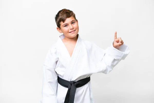 Malý Kavkazský Kluk Dělá Karate Přes Izolované Bílé Pozadí Ukazující — Stock fotografie