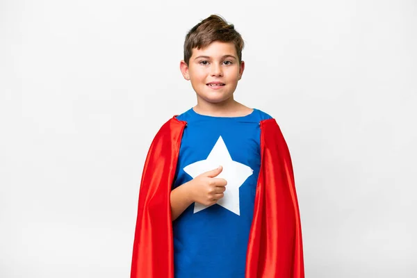 Super Hero caucasian kid over isolated white background giving a thumbs up gesture