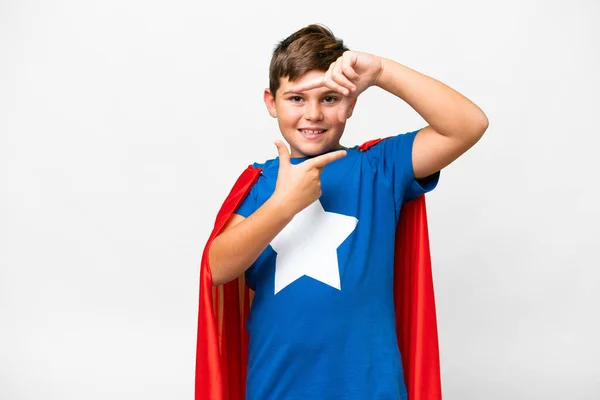 Super Hero Kaukaski Dzieciak Białym Tle Skupiając Twarz Symbol Ramki — Zdjęcie stockowe