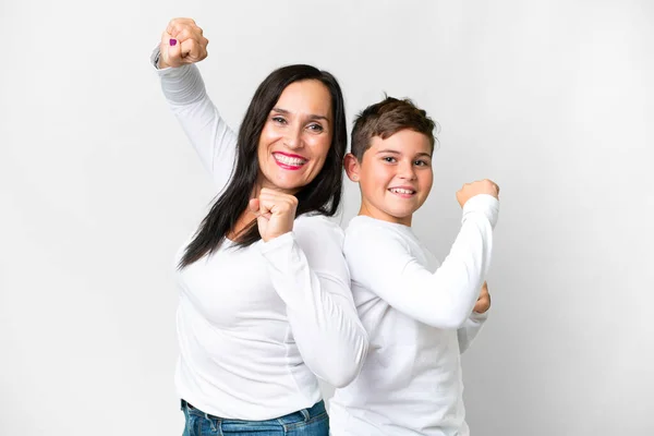 Little Caucasian Kid His Mother Isolated White Background Celebrating Victory — Stock Photo, Image