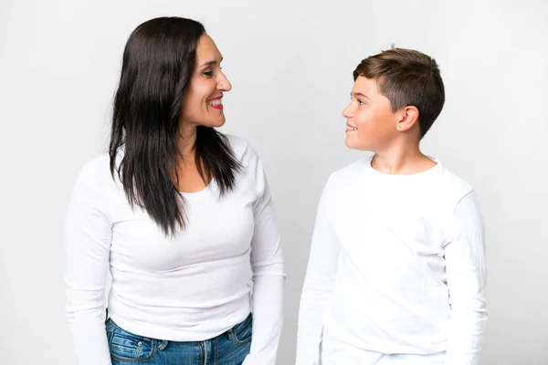 Little Caucasian Kid His Mother Isolated White Background Looking Each — Stock Photo, Image
