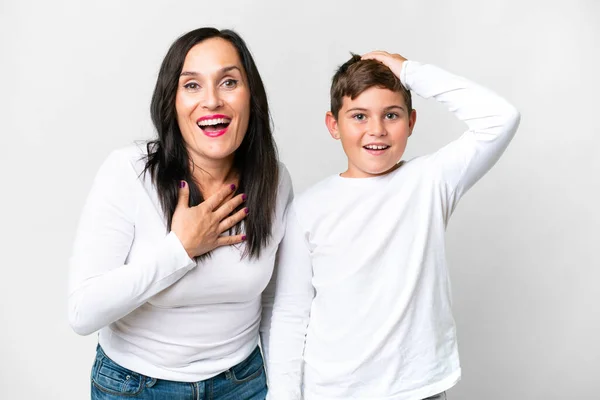 Little Caucasian Kid His Mother Isolated White Background Surprise Facial — Stock Photo, Image