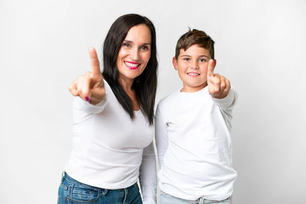 Little Caucasian Kid His Mother Isolated White Background Showing Lifting — Stock Photo, Image