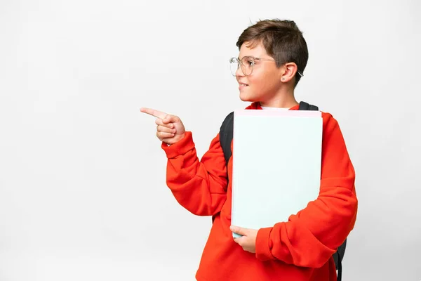Little Caucasian Student Kid Isolated Background Pointing Finger Side Presenting — Stock Photo, Image