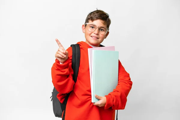 Mały Biały Student Dziecko Odosobnione Tło Pokazując Kiwnąć Palcem Znak — Zdjęcie stockowe