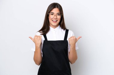 Restaurant Brazilian waiter woman isolated on white background with thumbs up gesture and smiling