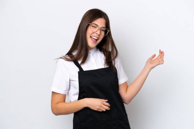 Restaurant Brazilian waiter woman isolated on white background making guitar gesture