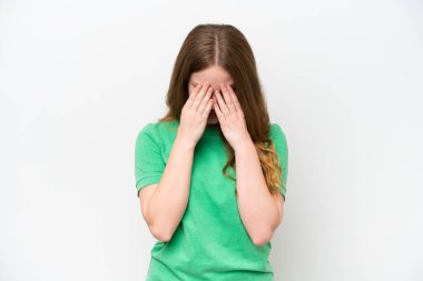 Young pretty woman isolated on white background with tired and sick expression