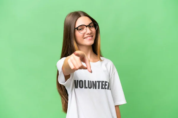 Teenager Volunteer Caucasian Girl Isolated Background Pointing Front Happy Expression — Foto de Stock