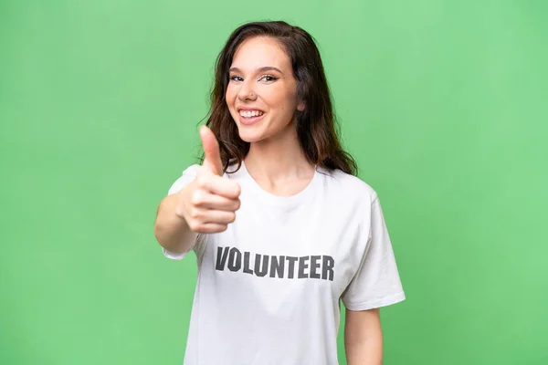 Young Volunteer Caucasian Woman Isolated Background Thumbs Because Something Good — Foto de Stock