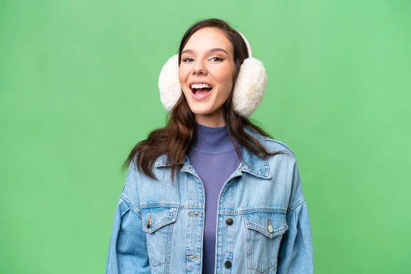 Young Caucasian Woman Wearing Winter Muffs Isolated Background Surprise Facial — Photo