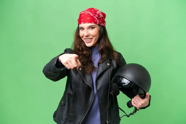 Young Caucasian Woman Motorcycle Helmet Isolated Background Surprised Pointing Front — Photo