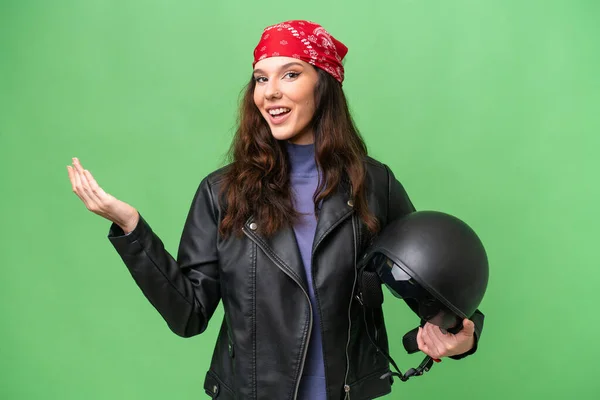 Young Caucasian Woman Motorcycle Helmet Isolated Background Extending Hands Side — Photo