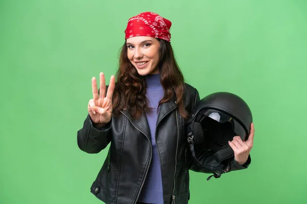Young Caucasian Woman Motorcycle Helmet Isolated Background Happy Counting Three — Photo