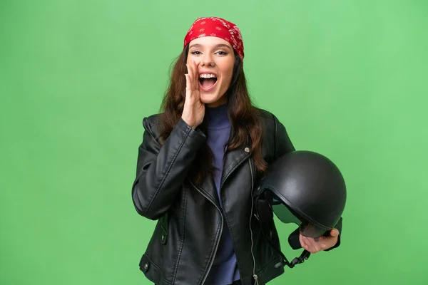 Young Caucasian Woman Motorcycle Helmet Isolated Background Shouting Mouth Wide — Photo