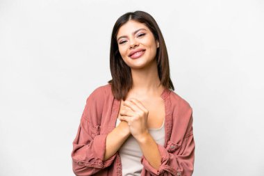 Genç Rus kadın izole edilmiş beyaz arka plan gülüyor.