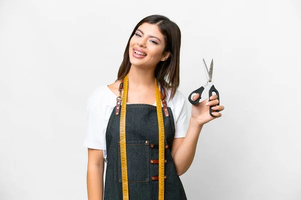 Seamstress Woman Isolated White Background Looking Side Smiling — Stockfoto