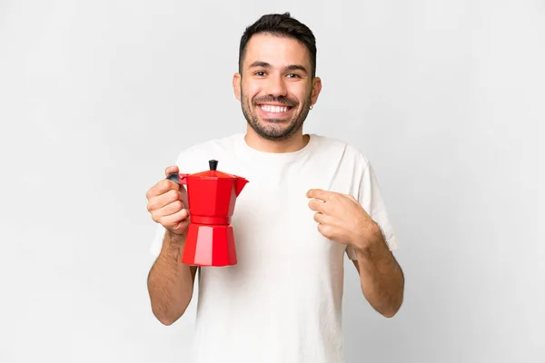 Jonge Blanke Man Met Koffie Pot Geïsoleerde Witte Achtergrond Met — Stockfoto